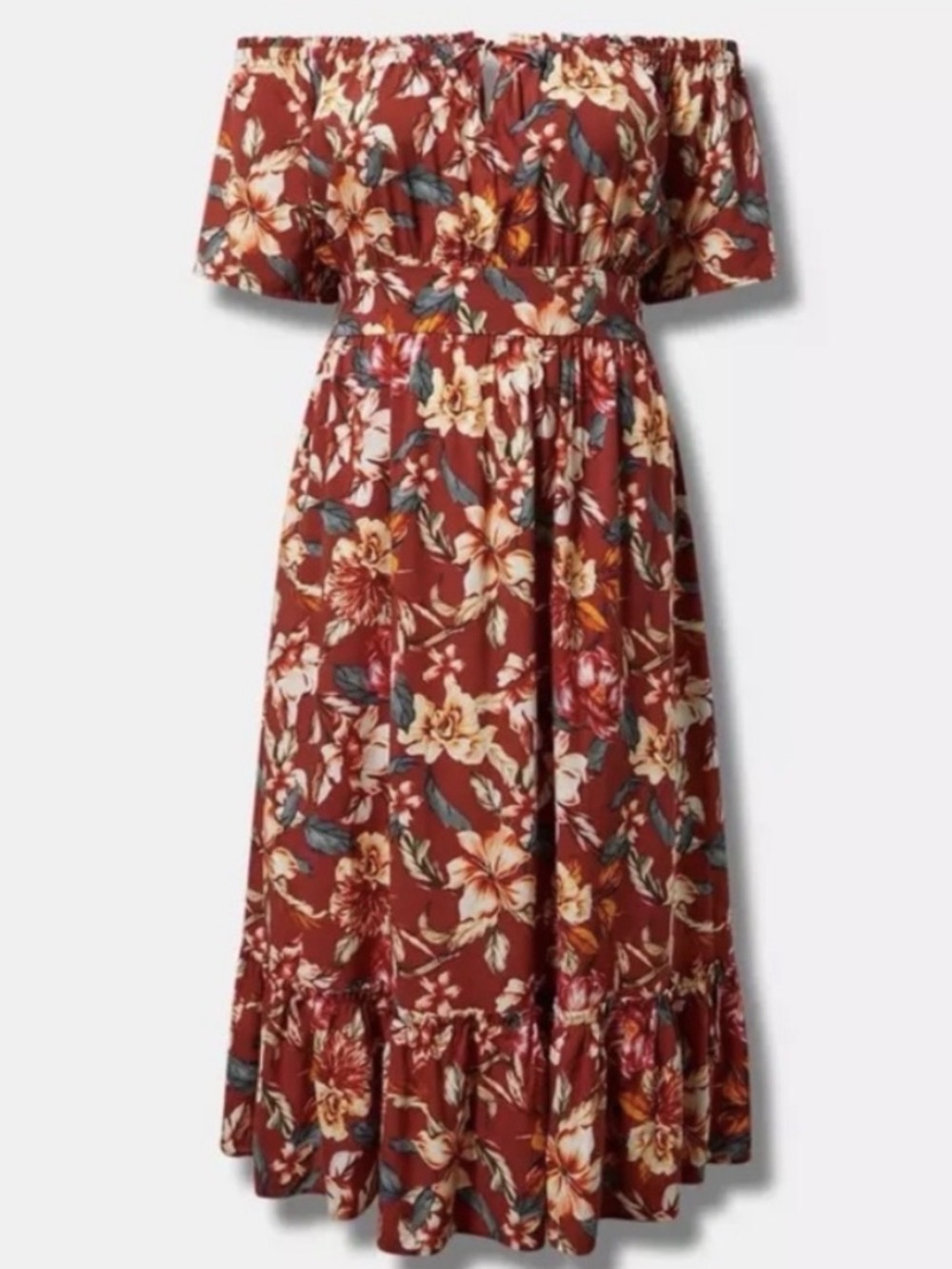 Torrid Tea Length Challis Off Shoulder Peasant Dress Floral Midi